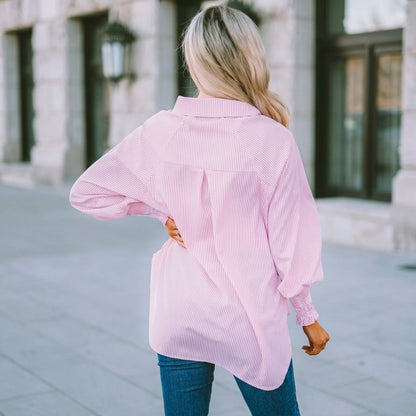 Last Day 49% OFF🔥Chic Striped V-Neck Blouse: Oversized Fit & Smocked Cuffs