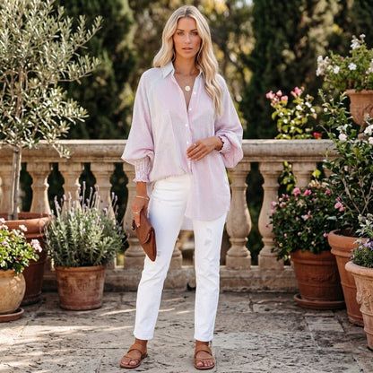 Last Day 49% OFF🔥Chic Striped V-Neck Blouse: Oversized Fit & Smocked Cuffs