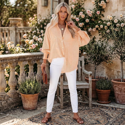 Last Day 49% OFF🔥Chic Striped V-Neck Blouse: Oversized Fit & Smocked Cuffs