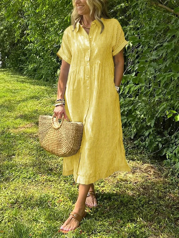 Striped Lapel Button Down Shirt Dress | With Functional Pockets
