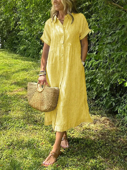 Striped Lapel Button Down Shirt Dress | With Functional Pockets