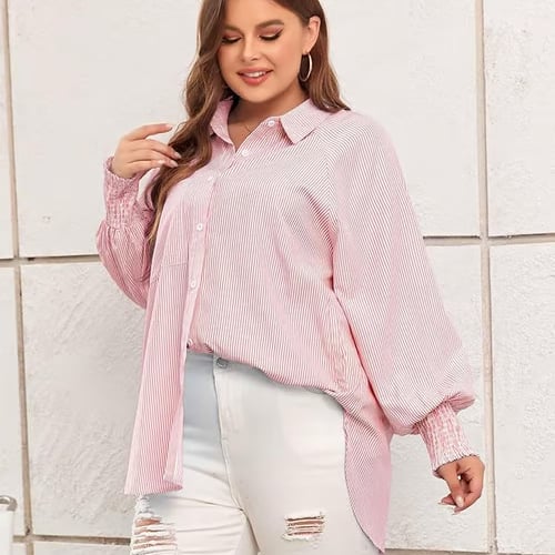Last Day 49% OFF🔥Chic Striped V-Neck Blouse: Oversized Fit & Smocked Cuffs