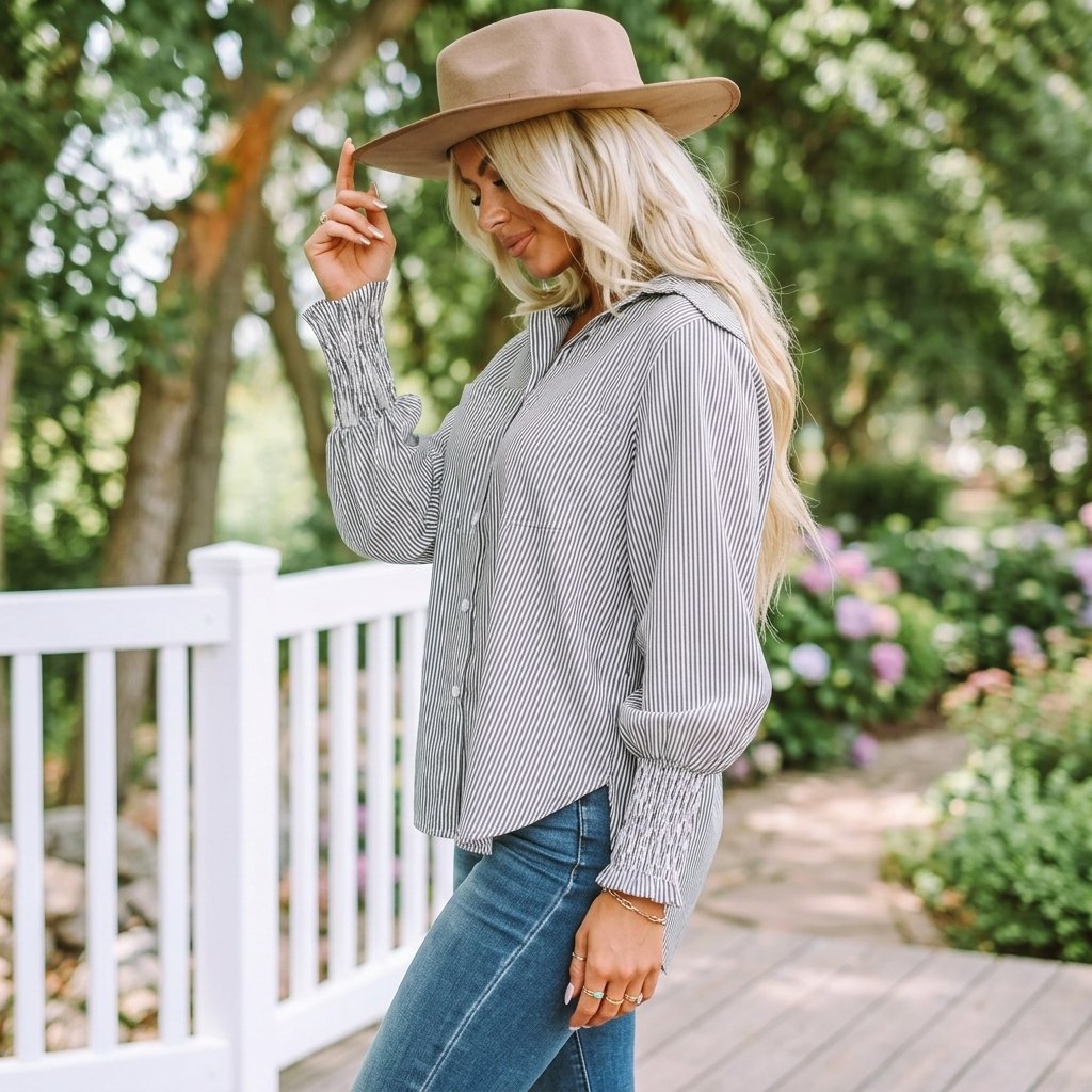 Last Day 49% OFF🔥Chic Striped V-Neck Blouse: Oversized Fit & Smocked Cuffs