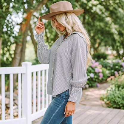 Last Day 49% OFF🔥Chic Striped V-Neck Blouse: Oversized Fit & Smocked Cuffs
