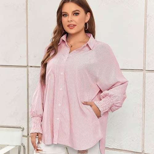 Last Day 49% OFF🔥Chic Striped V-Neck Blouse: Oversized Fit & Smocked Cuffs