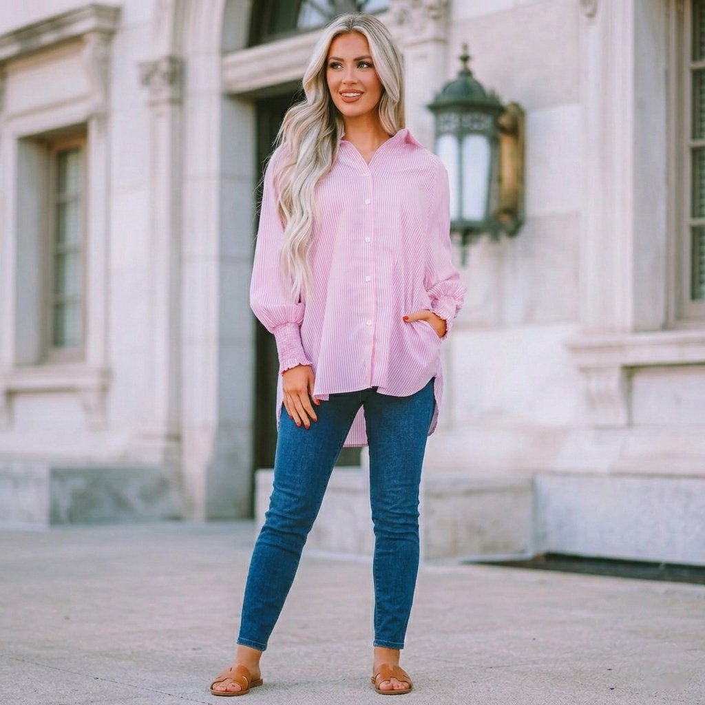 Last Day 49% OFF🔥Chic Striped V-Neck Blouse: Oversized Fit & Smocked Cuffs