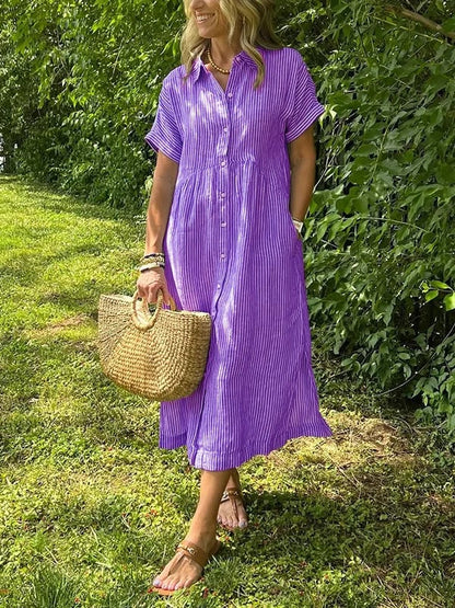 Striped Lapel Button Down Shirt Dress | With Functional Pockets