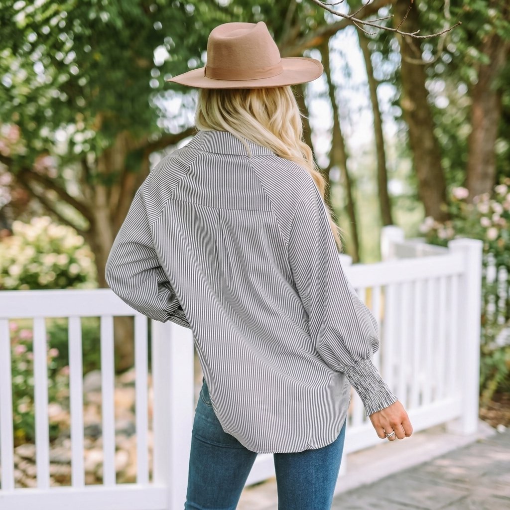 Last Day 49% OFF🔥Chic Striped V-Neck Blouse: Oversized Fit & Smocked Cuffs