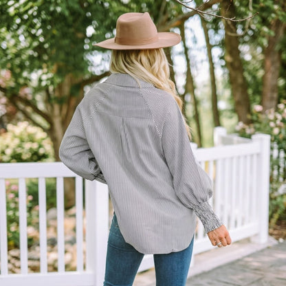 Last Day 49% OFF🔥Chic Striped V-Neck Blouse: Oversized Fit & Smocked Cuffs