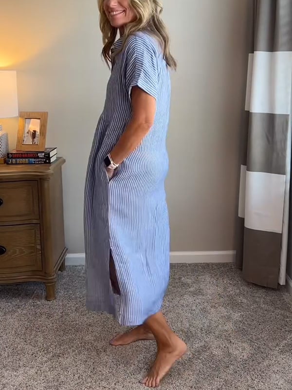 Striped Lapel Button Down Shirt Dress | With Functional Pockets