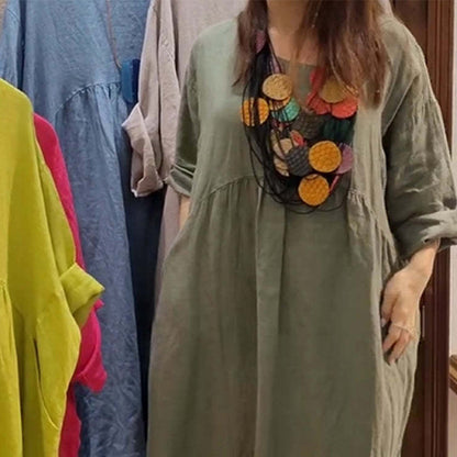 Last Day Sale 49% Off💃Women's Casual Loose Round Neck Solid Color Dress with 3/4 Sleeves & Pockets