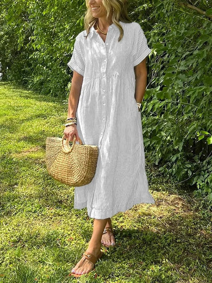Striped Lapel Button Down Shirt Dress | With Functional Pockets