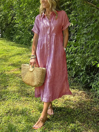 Striped Lapel Button Down Shirt Dress | With Functional Pockets