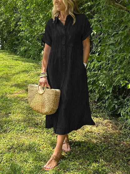 Striped Lapel Button Down Shirt Dress | With Functional Pockets