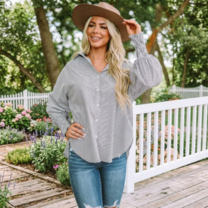 Last Day 49% OFF🔥Chic Striped V-Neck Blouse: Oversized Fit & Smocked Cuffs