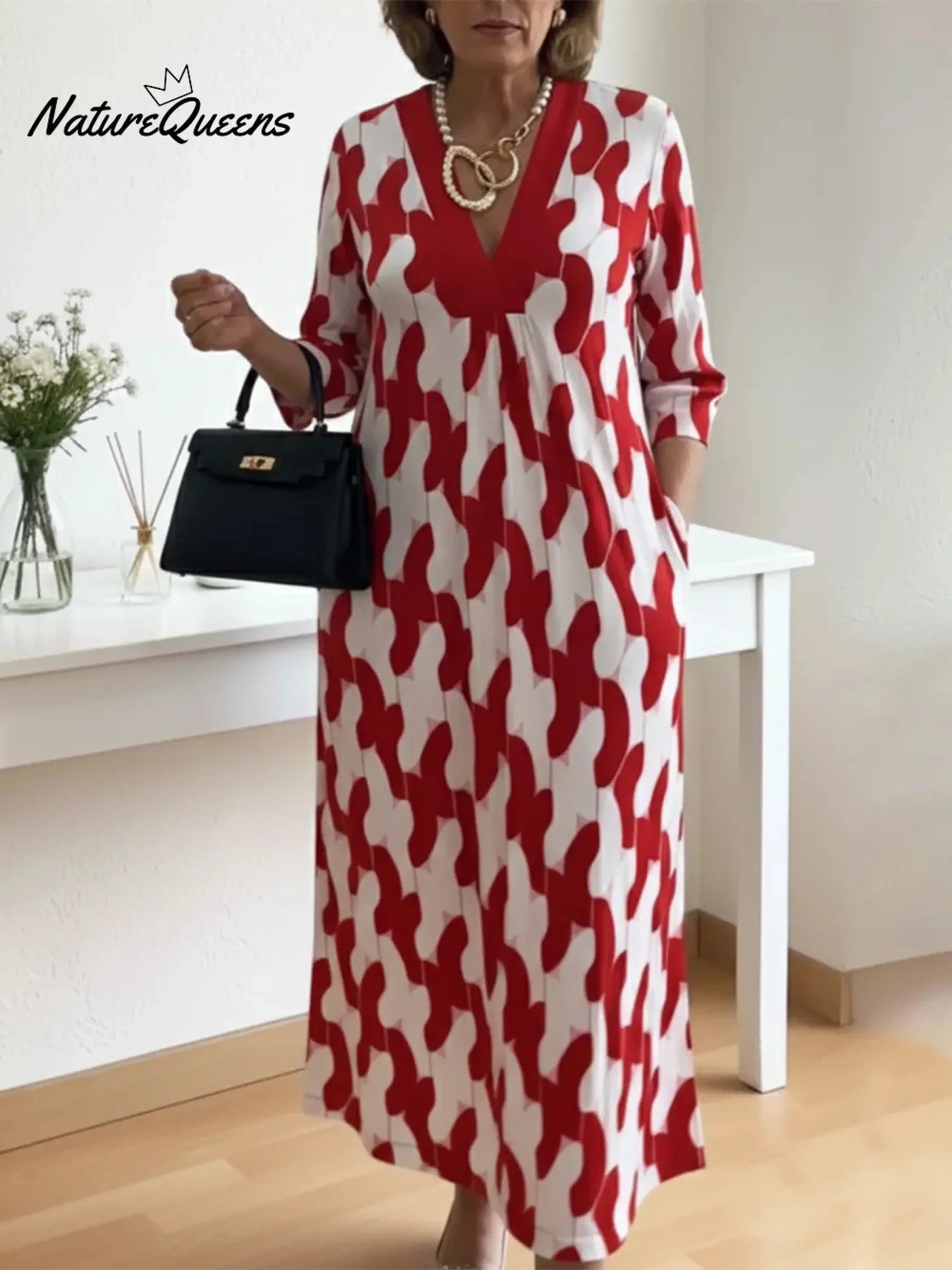 Elegant Art Print Color Block Trim V-neck Midi Dress
