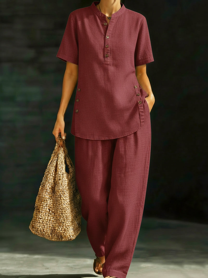 🤩🤩Cozy Casual Button Shirt And Wide-leg Pants Linen Two-piece Set