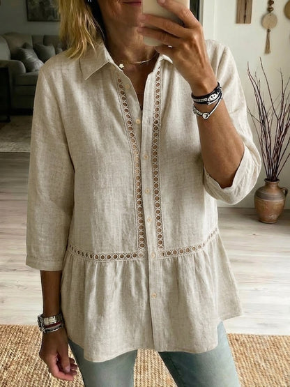 Casual Patchwork Openwork Webbing Linen And Cotton Shirt(Buy 2 Free Shipping)