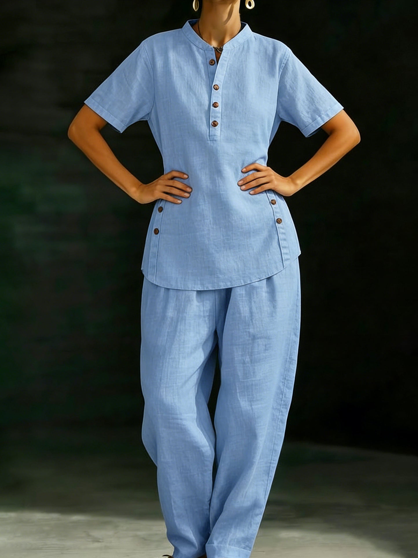 🤩🤩Cozy Casual Button Shirt And Wide-leg Pants Linen Two-piece Set