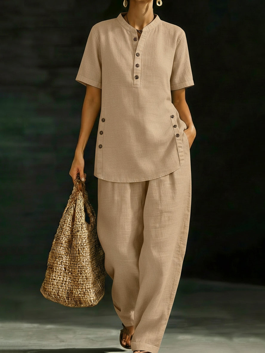 🤩🤩Cozy Casual Button Shirt And Wide-leg Pants Linen Two-piece Set
