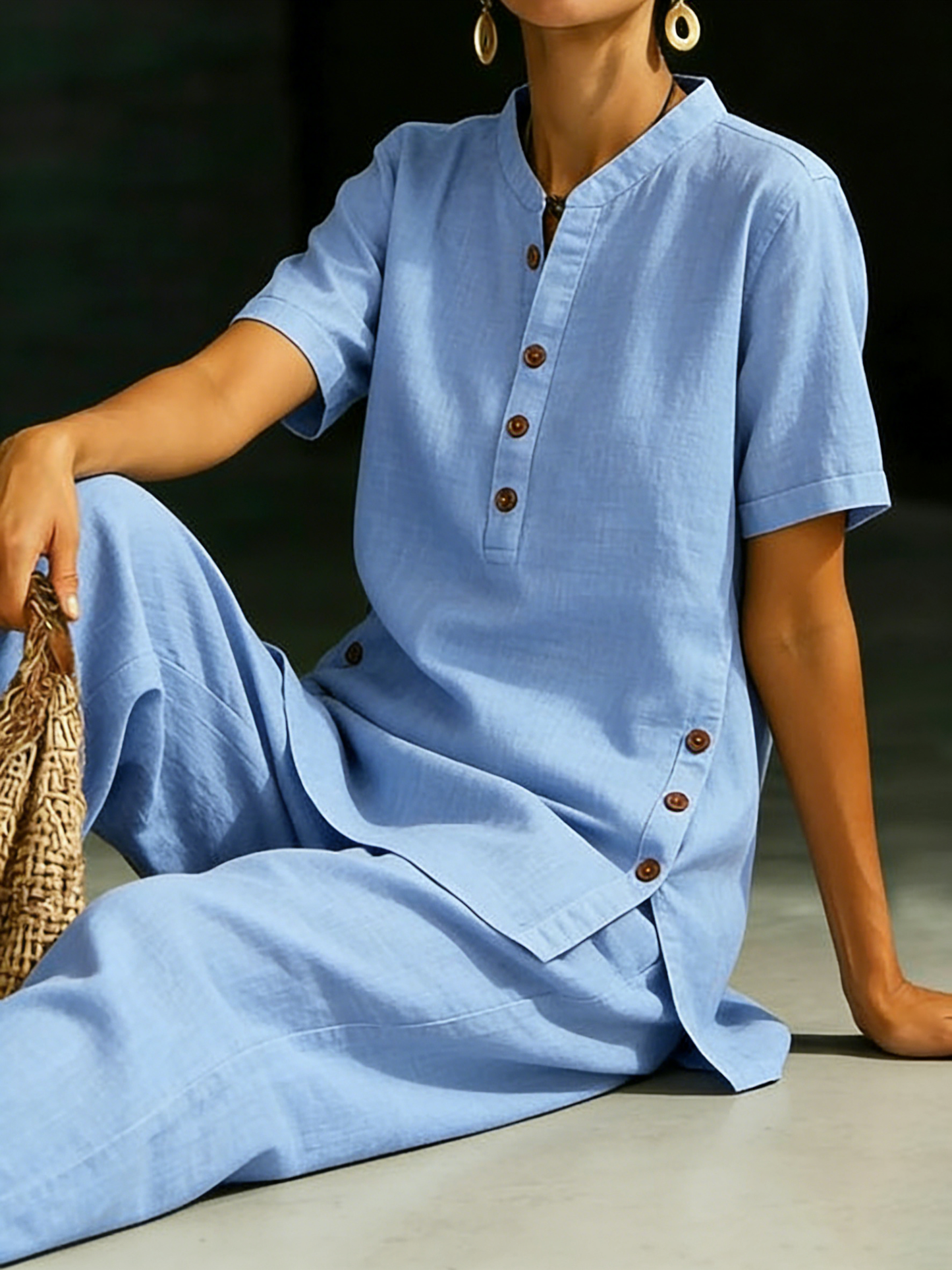 🤩🤩Cozy Casual Button Shirt And Wide-leg Pants Linen Two-piece Set